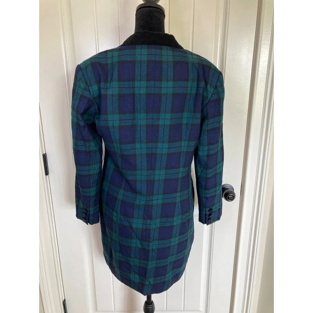 Stephanie Andrews Black Watch Plaid Longline Blazer Coat Velvet Collar 6 Petite